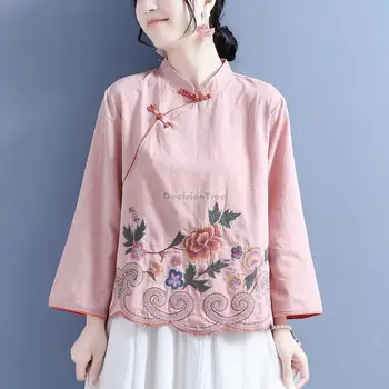2023 есента нов хлопчатобумажный лен топ, женски яка-часова рецепция с бродерия, дискова обтегач в китайски стил, елегантна блуза чонсам