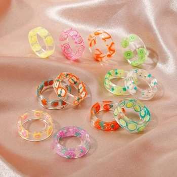 2023 Ново Прозрачно акрилно пръстен за жени, Разноцветни Кръгли плодове пръстени от сладка смола, Сладка Геометрично пръстен на пръста си, Бижутериен подарък за парти