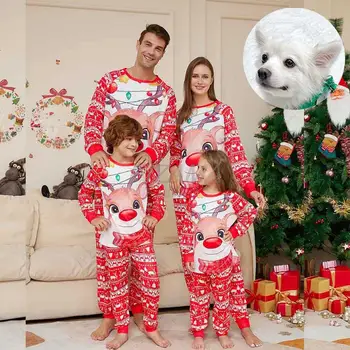 2024, Коледни Семейни пижами, Червени, за възрастни, за деца, За жени, За деца, Потник + панталон, 2 бр., Коледна пижама, Пижама за кучета