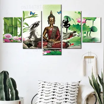 5 панели, Винтажное изкуството, Религията на Буда, боядисване с принтом Дзен Цикада, Божур, Бамбук платно, Начало декор за хола, HD Печат на стената