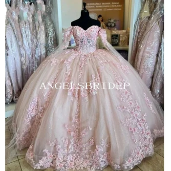 Angelsbridep/ Розови буйни рокли 2023 С открити рамене, цветя, Дантелени апликации, мъниста, Пищни бална рокля на Принцеса Sweet 16 за партита