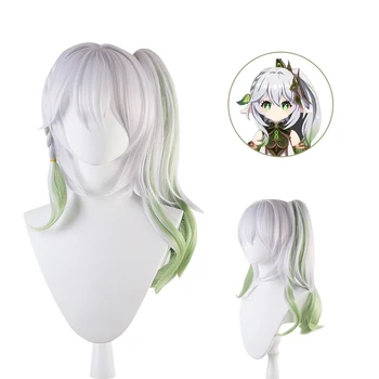 Game Genshin Impact Nahida Дългата Бяло-зелена перука за Cosplay, термоустойчиви синтетични женски перуки за парти в чест на Хелоуин + шапка за перука