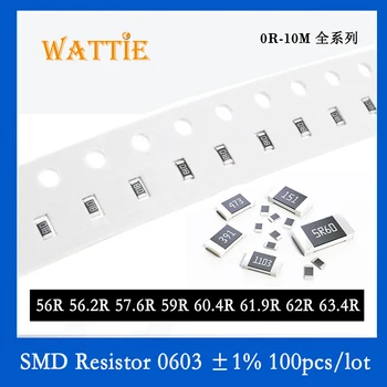 SMD резистор 0603 1% 56R 56,2 R 57,6 R 59R 60,4 R 61,9 R 62R 63,4 R 100 бр./лот микросхемные резистори 1/10 W 1,6 mm * 0,8 мм