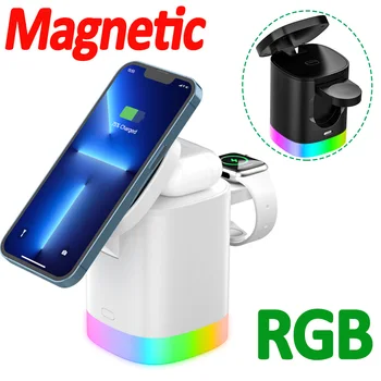 Безжична магнитна Поставка За Зарядно устройство 3 в 1 с RGB Подсветка, Станция за Бързо Зареждане на Телефона За iPhone 14 13 12 Pro Max AirPods Pro iWatch 8 7