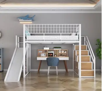 Богат на функции на таванско помещение легло от ковано желязо, проста легло под масата, шкаф за стълби, детска пързалка