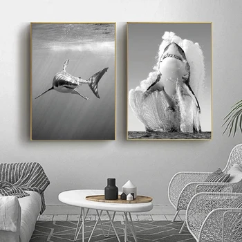Боядисване с животни върху платното, Голямата Бяла акула, черни и бели стенни художествени плакати и щампи, монохромен картина на природата, Живопис за домашен декор