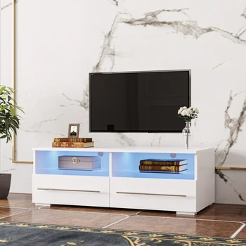 Бял шкаф за телевизор, с две чекмеджета и led лента, меняющей цвят, лесно се монтира за вътрешната мебели за всекидневната