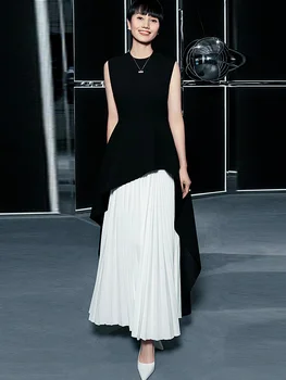 Висококачествена Дамска Лятна ново От дизайнер, парти на знаменитости, Офис Сексуално Ежедневното Елегантен Модерен е Черно-бяла рокля midi без ръкави