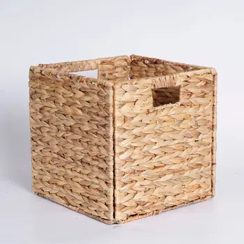 Висококачествена кошница за съхранение с трева, воден хиацинт, ръчно тъкани, Кошница за съхранение, Сгъваема кошница за съхранение с вградена желязна рамка