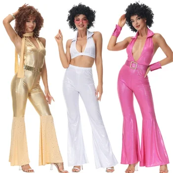 Дамски Секси рок-диско-хипи, костюми за cosplay за възрастни на Хелоуин 70-те и 80-те години, танцови костюми хипи, Елегантна рокля за парти