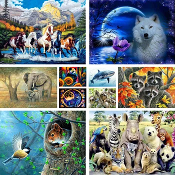 Диви животни, Слон, Вълк, Комплект за рисуване по номера, Акрилни бои 50 *70, Платно, картини, Начало декор, Занаяти за възрастни За рисуване