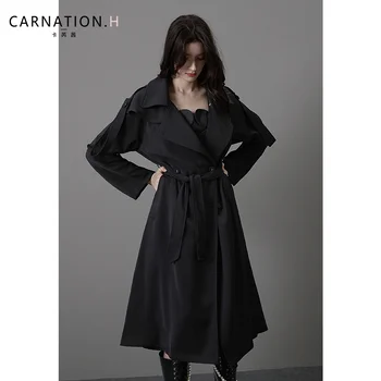 Директен Черна ветровка, бельо пролет-есен висококачествено палто с дължина до коляното, 2023, Новата есенна модна тенденция
