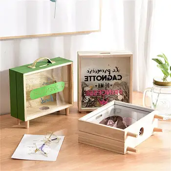 Дървена Кутия за Съхранение вкъщи Ins Дървена Стъклен съд Кутии За Съхранение на 20,5 × 7 × 18,5 См Преносима Кутия За Спестяване на Пари Прасенце Лекота