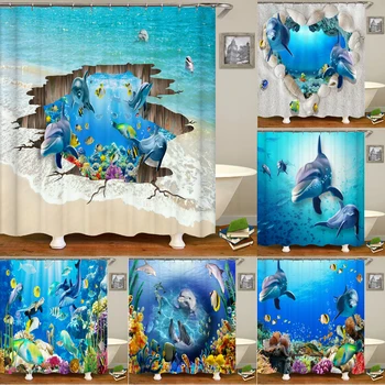 Завеси за душ Ocean Dolphin Sea World Animal Водоустойчив плат, Завеса за душа в банята, Сладки рибки, екран с голям размер 240X180