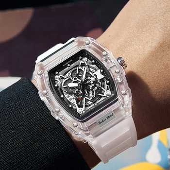 Класически Силиконови часовници Gear за мъже, е луксозна марка, Водоустойчив кварцов Прозрачни мъжки ръчен часовник Reloj De Hombre