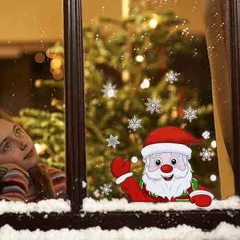 Коледни Статични етикети на прозорци, Подвижни Стенни украшения във формата на Дядо Коледа, Лосове, снежинки, Весела Коледа, Коледната партита, стикери за стена