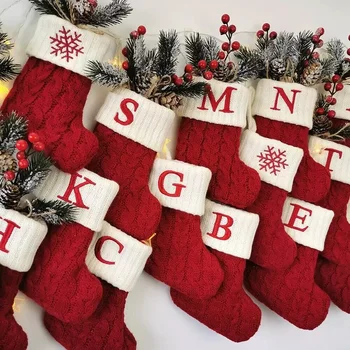 Коледни Чорапи Плетене Червена Снежинка Писмо Отглеждане На Коледна Украса За Дома Коледен Коледа Орнамент Подарък Навидад Натал 2024