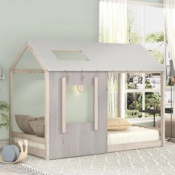 Легло-платформа Euroco Wood Twin Classic House, с покрив и прозорец за детска спални, сив