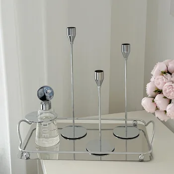 Луксозен сребърен свещник в скандинавски стил, романтична маса на Свети Валентин, декорации за вечеря на свещи