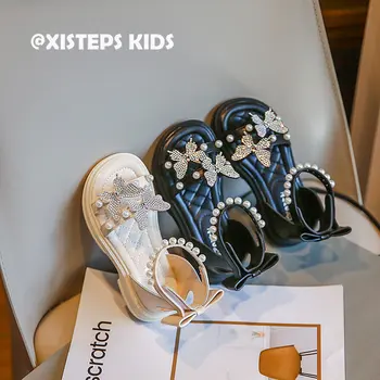 Луксозни Летни сандали принцеса с кристали и възел пеперуди за момичета, черно-бяла градинска обувки за деца от 2 до 12 години, Infantil Sandalias 2023