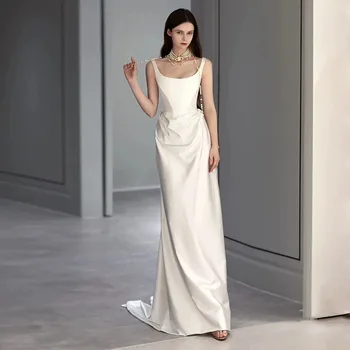 Луксозно френско атласное Лесно сватбена рокля от висок клас 2023, с появата на кант, Елегантно, просто, с една малка опашка, роклята-прашка