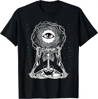 Медитиращият Скелет Йога Всевидящий очите Кръг Оккультный Страшен Мъжки Дамски черна тениска с къс ръкав