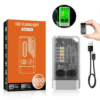 Мини фенерче V10 EDC 1000LM, супер ярък преносим ключодържател с магнит, USB-акумулаторна UV-звуков лампа за къмпинг