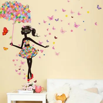 Мультяшная пеперуда Фея с цветя, Момиче с чадър, стикери за стена, за спални момичета, Стикери за стените на детската стая, пъстри цветя, PVC