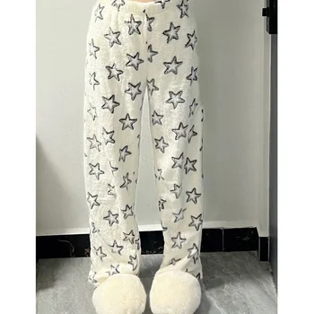 Нови корейски пижамные панталони Y2k със звездна принтом, дамски зимни фланелен Эстетичные Свободни домашни панталони от мека утолщенного плюшени, ежедневни панталони