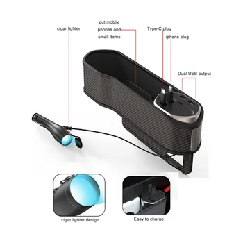 Органайзер за пълнене на автомобилни седалки с подстаканником, Органайзер за предните седалките с 2 USB-порта, страничен джоб на конзолата (2 опаковки)