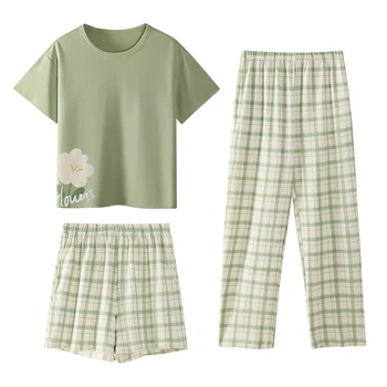Пижамный комплект с подплата в гърдите, блузи с къс ръкав + шорти + дълги панталони, комплект от 3 теми, пижами от чист памук, дамски сладко облекло за сън