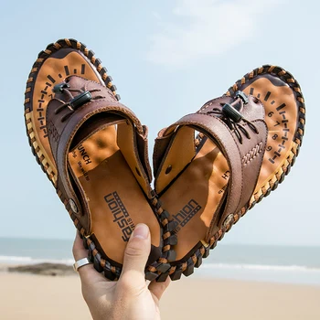 Плажни обувки на равна подметка, Ръчно изработени, Гладиаторски чехли със затворени пръсти, мъжки Сандали Classi 39, Ежедневни кожени Летни римски джапанки