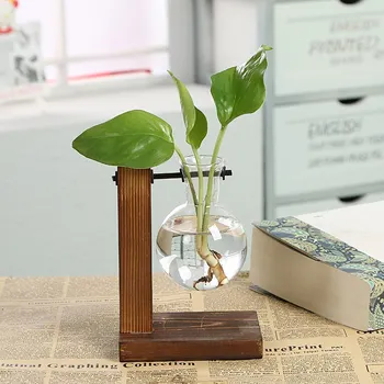 Поставка за вашия интериор, стаите в Прозрачна Ваза, за да крушки с дървени настолен Стъклен саксии за растения хидропонно Кафене