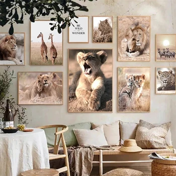 Потребителски Есенна картина с пейзаж от Африканската Савана, Стенно изкуство, Плакат с изображение на лъв и животни за модерната си площ