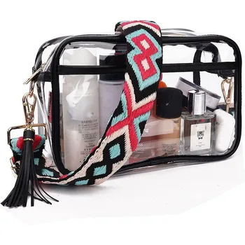 Прозрачни чанти през рамо от прозрачен PVC, чанта за рамо с тканым принтом ярки цветове, Широка каишка, госпожа чантата си за телефон, ежедневни дрехи за пътуване