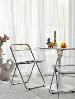 Скандинавски прозрачен стол за хранене с лесен облегалка мрежа от червена пластмаса, сгъваем стол за грим, модерен акрилен стол за дома