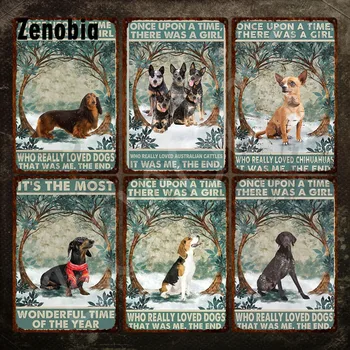 Сладко куче, Реколта метална плоча, Метални табели с животни, Тенекеджия знаци, Кучета, разположена зимата под едно дърво, Желязо картина за украса на стени