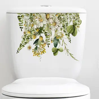Стикер на капака на тоалетната чиния, със собствените си ръце, Сменяеми етикети върху капака на тоалетната чиния със зелени листа, растения и цветя, водоустойчиви стикери за стена в банята