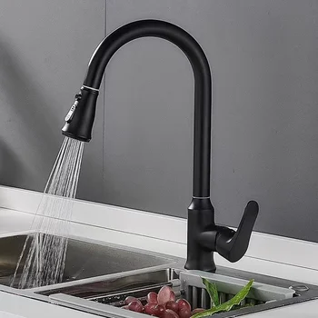 Черно Кухненски разтегателен кран за топла и студена вода, домакински мивка, смесител за миялна машина, инсталация на бортике