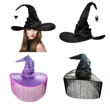Шапки на вещиците на Хелоуин, Черна шапка магьосник с гънки, Дамски Мъжки шапка за селското стопанство, Подпори за Cosplay, Бижута, Аксесоари за карнавални костюми