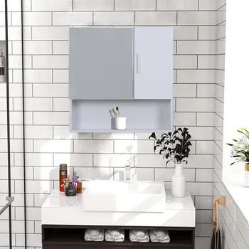 Шкаф стенен монтаж с да използвате единични огледални врати, Дървен висящ шкаф с рафтове, Огледален шкаф за баня, бял
