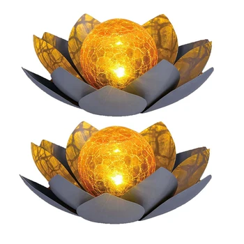 2 слънчеви фенер, декорация за градината на открито, амбър кристален глобус, декорация във формата на стъклен лотос, Водоустойчив метален лампа във формата на цвете (сив)