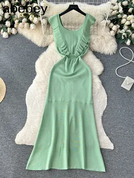 2023, Вязаное плажна рокля с флорални принтом на куката, за жени, Лятното Модно рокля без ръкави, Макси-прашка, Дамски Секси рокли midi
