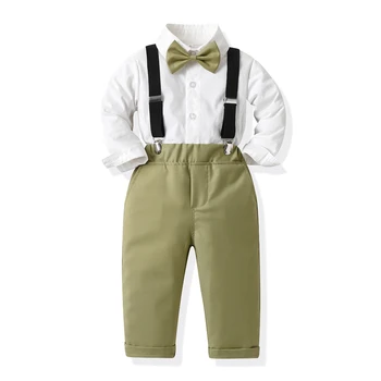2023, Есенни нови модни комплекти дрехи за момчета Todler, джентльменские риза с папийонка + Панталони на подтяжках, костюми за официални партита за момчета