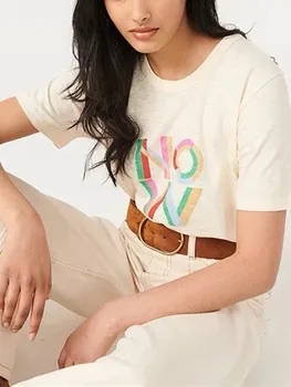 2023 Лятна Дамски ежедневни тениска с кръгло деколте, Женска тениска контрастен цвят с писмото принтом, Памучни блузи с къс ръкав