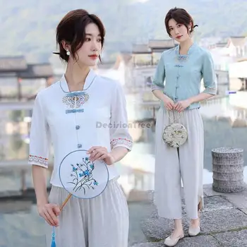 2023 пролет лято ретро дзен чай костюм hanfu от памук и лен, китайска блуза hanfu с яка-часова, ретро женски елегантен топ casual