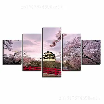 5 Бр. Японската Пагода Черешов Цвят Платно Монтиране на Изкуството на Боя Плакат HD Печат на Снимки Начало Декор Без Рамка 5 Панели