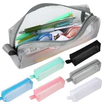 6 цвята, правоъгълна/триъгълен проста прозрачна найлонова марлевая чанта за моливи с цип голям капацитет, чанта за съхранение на канцеларски материали, чанта за моливи 1бр