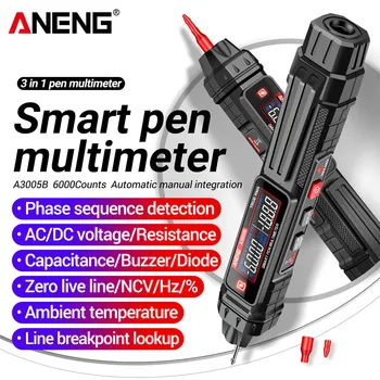 ANENG A3005B 6000 Точки, професионален мултицет, химикалка, детектор за последователност на фазите, Измерване на напрежение ac/dc, Ω, Диод, Инструменти, Електроматериали
