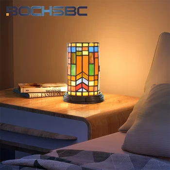 BOCHSBC Настолна лампа с оцветени стъкла Тифани, трицветна лампа в стил арт деко и хранене в хотела, хол, спалня, кабинет, led лампа за четене